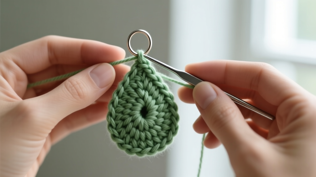 Close-up of hands using a 1.5mm steel hook to crochet a sage green teardrop shape with a 4mm titanium jump ring embedded