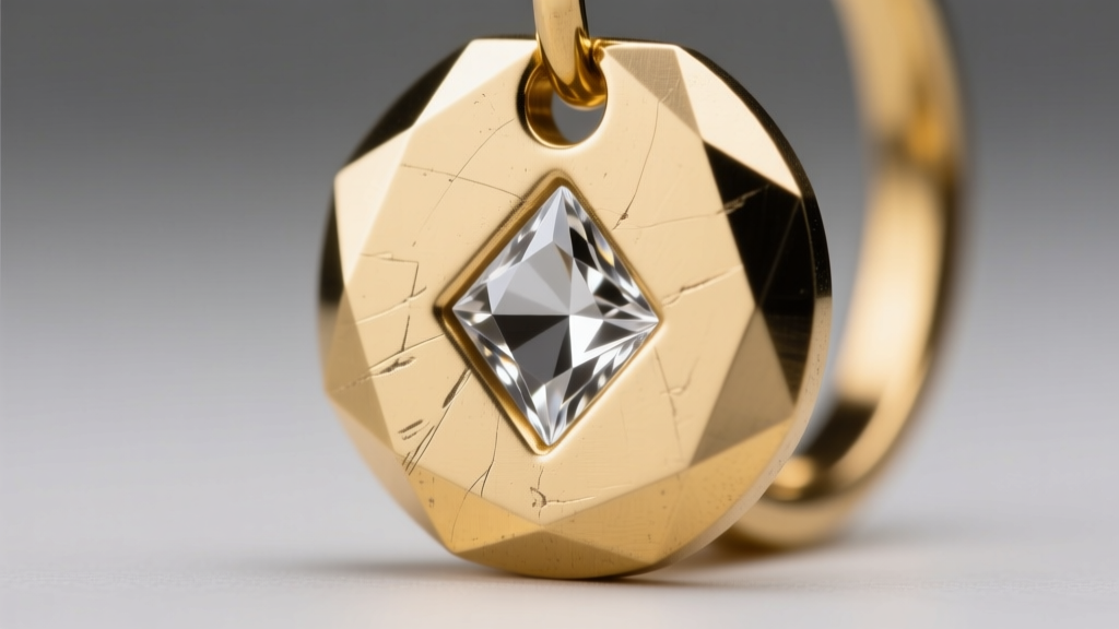 Microscope view of a Vickers hardness diamond indentation on a polished brass earring back under bright laboratory lighting.
