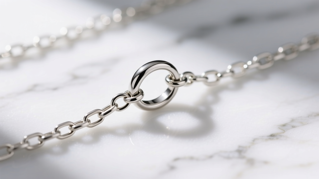 Macro photography of a 3mm spring ring clasp attached to a 22-gauge silver pididdly chain on marble.