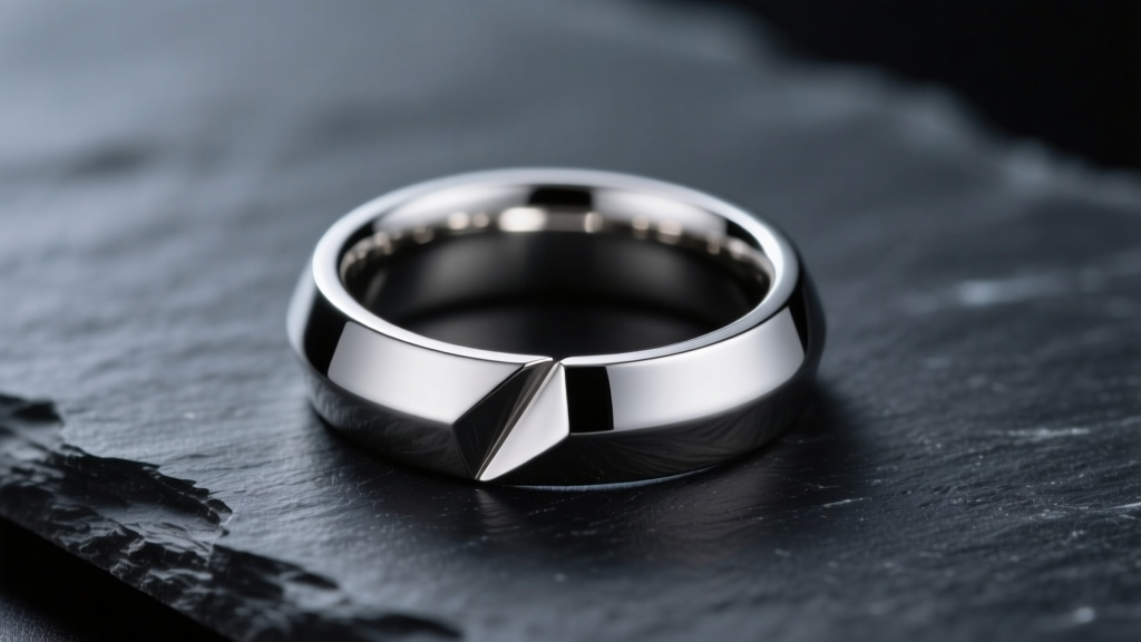 Polished surgical steel segment ring on dark slate, reflecting soft studio light with sharp metallic highlights and crisp edges