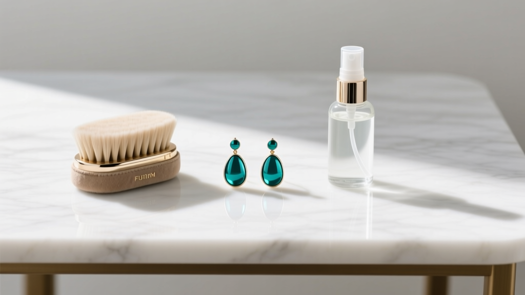 Flat lay of suede care kit with crepe brush, spray, and teal drop earrings arranged neatly on a bright white marble desk surface.