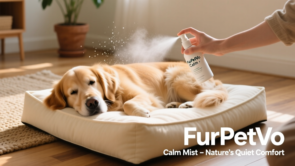 A hand gently spraying FurPetVo Calm Mist onto a cozy dog bed in a sunlit room