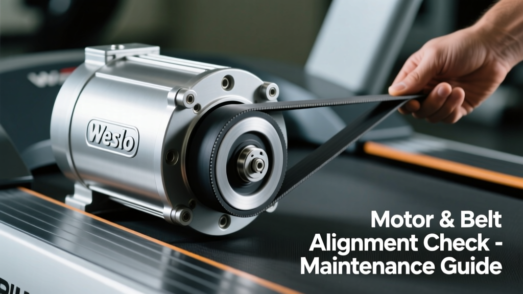 Close up of the Weslo Cadence G 5.9 treadmill motor housing and belt roller alignment for maintenance inspection