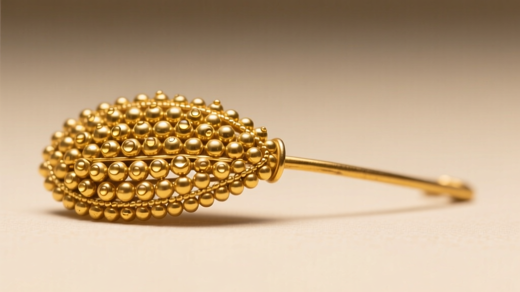 Detailed view of Etruscan gold granulation on a fibula brooch, highlighting tiny fused gold spheres against a soft matte background.