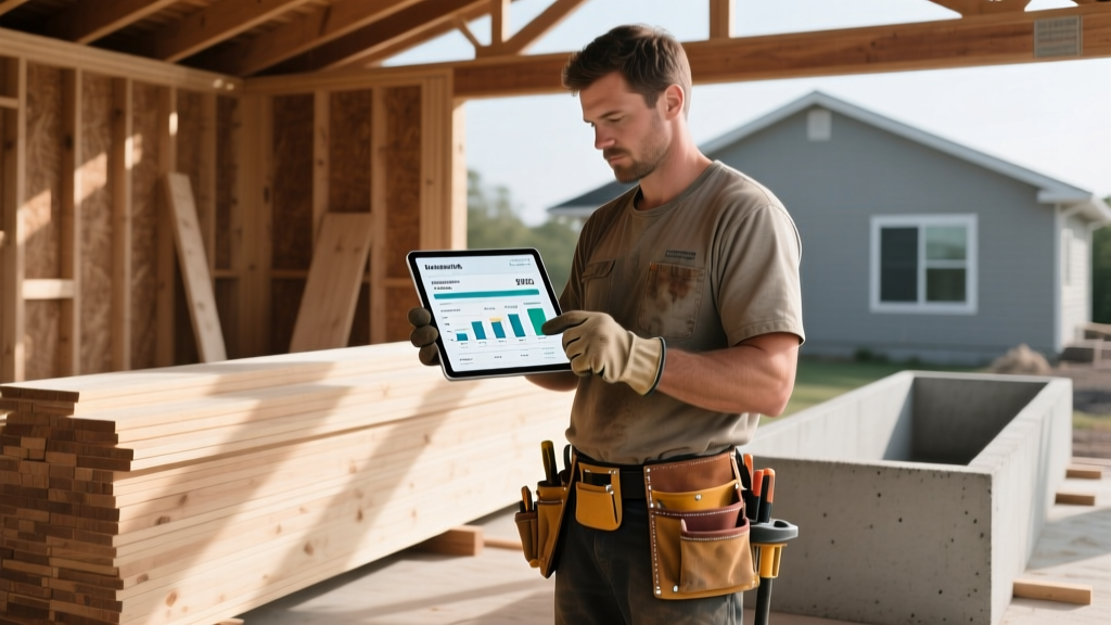 Builder reviewing digital material costs on a tablet next to stacked SPF lumber and concrete forms at a residential framing site