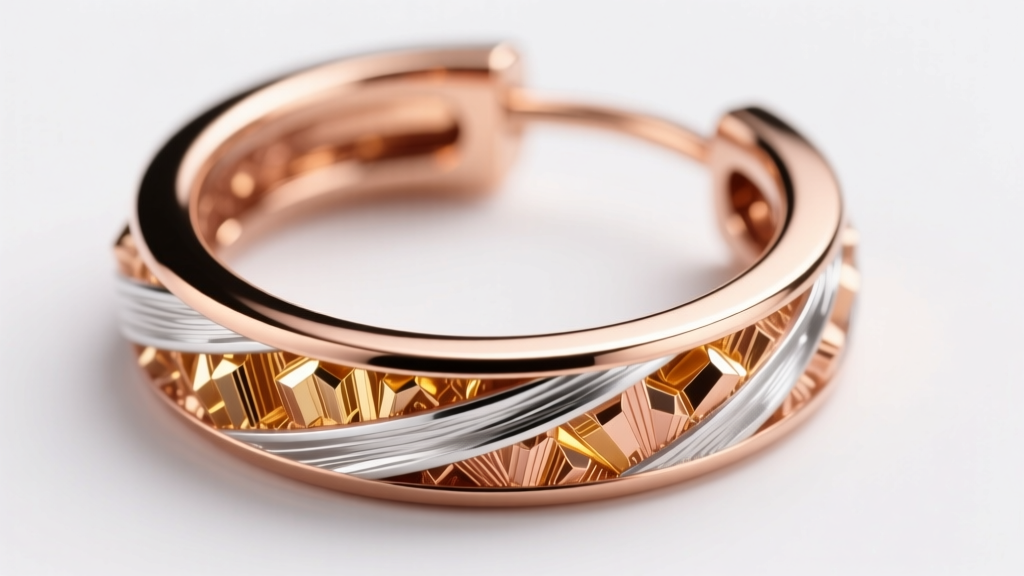 Metallurgical cross-section showing the copper and silver alloy grain structure inside a polished 14k rose gold flat hoop earring