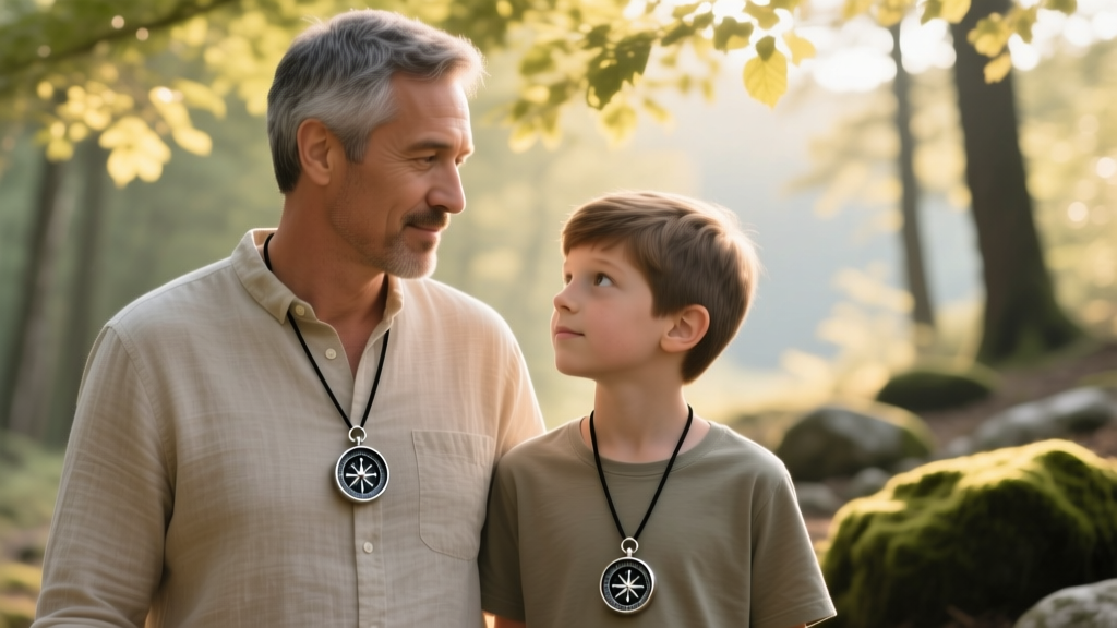 A father and son wearing matching minimalist titanium compass pendants on black cord necklaces in soft warm natural sunlight