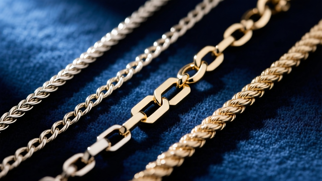 Macro photo comparing three permanent jewelry chains: classic cable, flat curb, and textured rope, laid side-by-side on velvet.