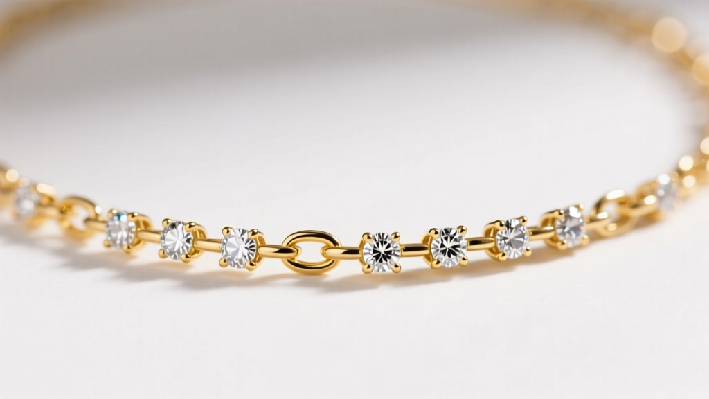 Macro shot of a 14k yellow gold paperclip chain necklace featuring bezel-set round brilliant diamond stations spaced evenly
