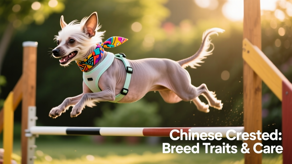 A Chinese Crested mid-agility jump, focused and joyful, wearing a lightweight harness and colorful bandana