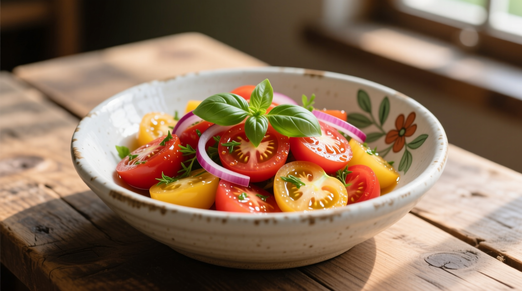 Fresh marinated tomato salad in ceramic bowl