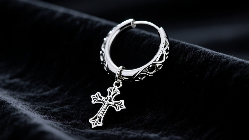 Heavy stainless steel cosplay hoop earring with a dangling gothic cross resting on black velvet under moody studio lighting