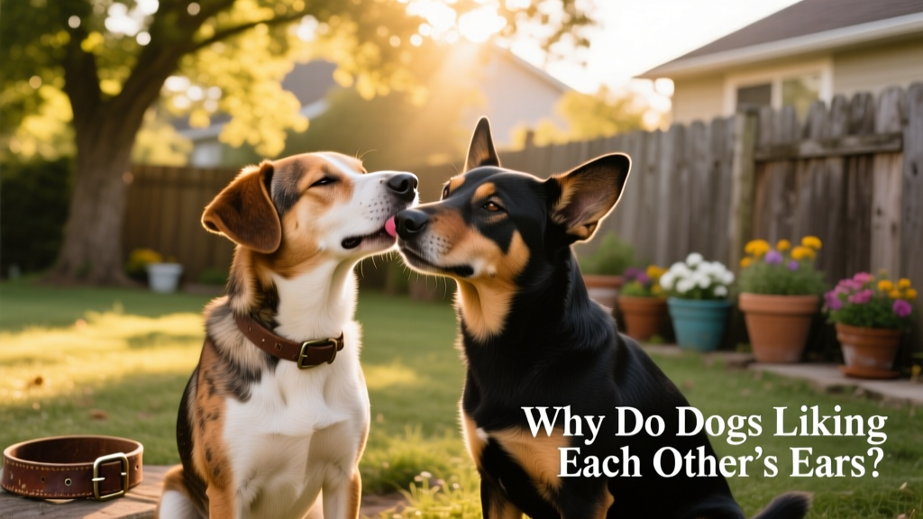 Two friendly dogs interacting; one gently licks the other's ear