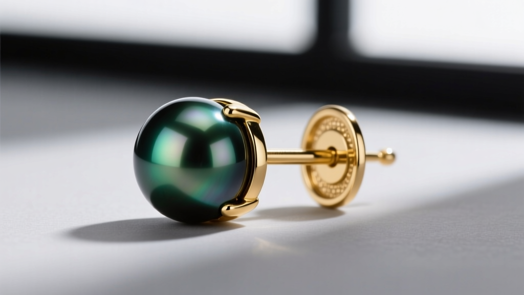 Macro shot of an 18-gauge 14k gold earring post with a la pousette backing, attached to a round dark green Tahitian pearl stud.