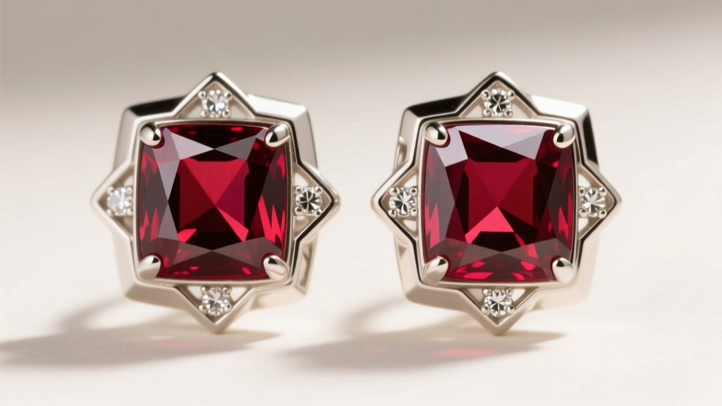 Macro shot of Art Deco vintage garnet earrings in platinum settings, showcasing square-cut pyrope garnets and diamond accents.