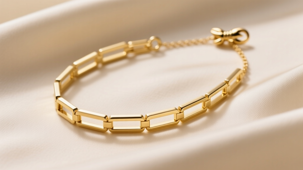14k yellow gold paperclip necklace on cream silk, soft lighting highlighting elongated rectangular links and a small lobster clasp.