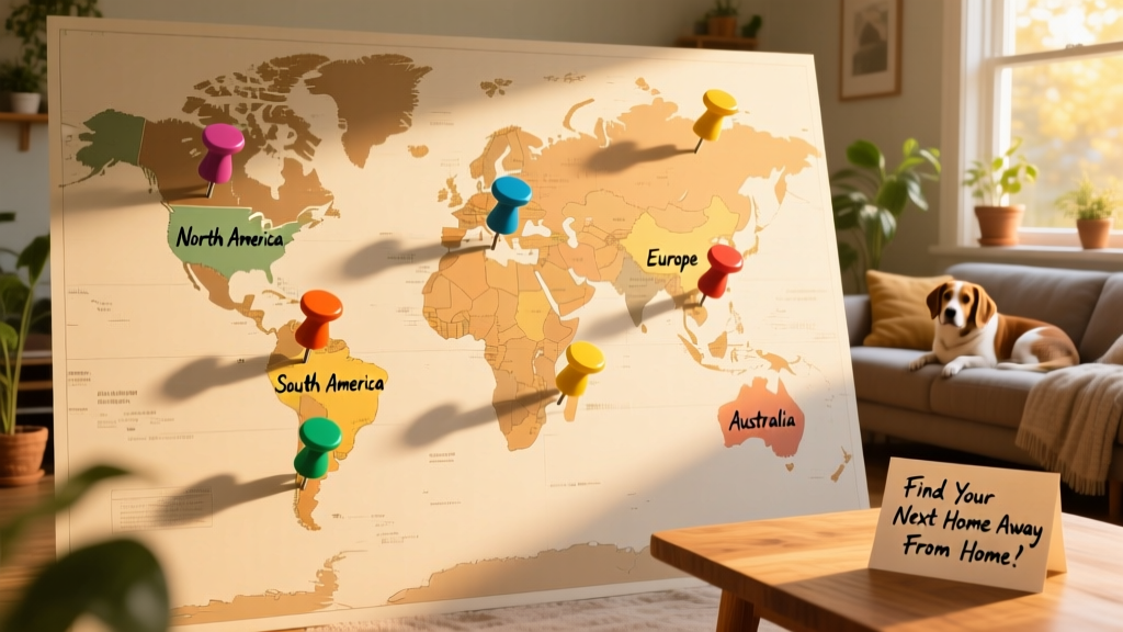 World map with colorful pins marking popular FurPetVo house sit destinations across six continents
