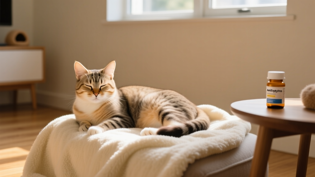 A calm, relaxed cat resting on a soft blanket, illustrating emotional comfort