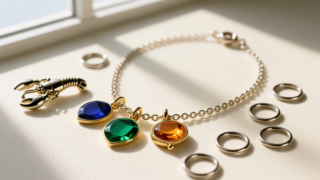 Flat lay of charm necklace components including a 9mm lobster clasp, 18-gauge jump rings, and three vintage enamel charms
