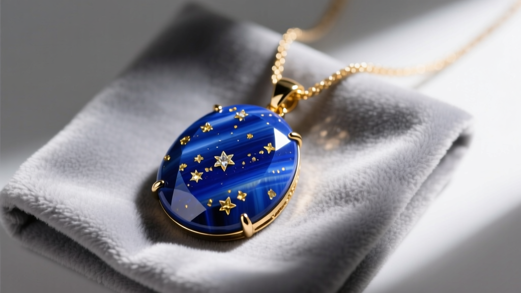 Close-up of a deep blue lapis lazuli pendant necklace with gold pyrite flecks resting on a soft gray velvet cleaning cloth.