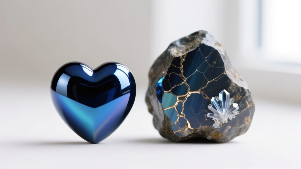 Macro shot of polished synthetic hematite heart bead beside raw natural hematite stone showing metallic striations and texture