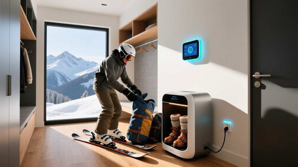 Skier unpacking gear in a mudroom with a smart home hub on the wall and a heated boot dryer plugged into a smart plug