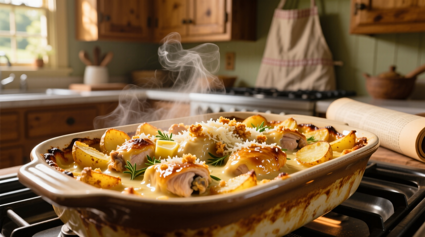 Golden potato chicken casserole fresh from oven