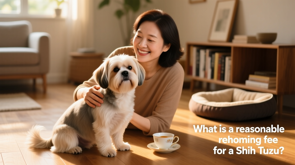A gentle, well-groomed Shih Tzu sitting calmly beside a smiling adult, illustrating trust and companionship