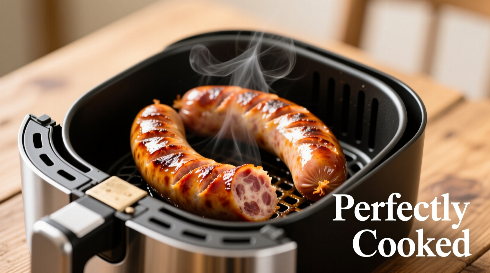 Perfectly cooked Italian sausage in air fryer basket