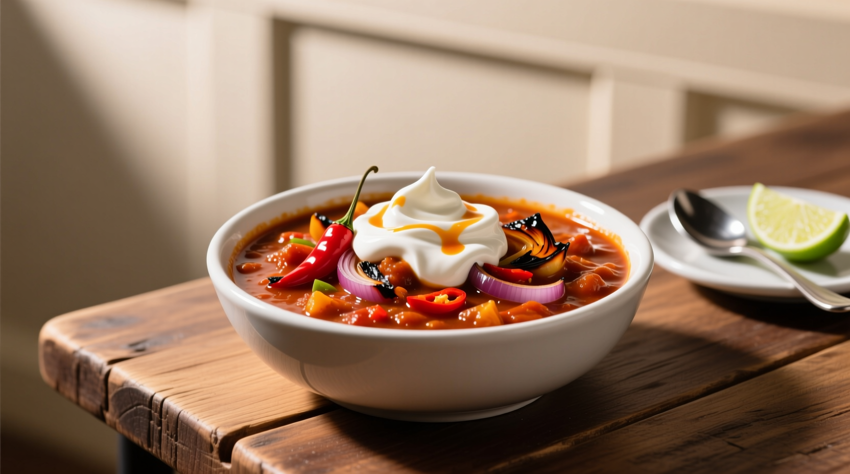 Super Bowl party chili bowl with habanero-based sauce requiring dairy toppings for heat management unlike milder game-day alternatives