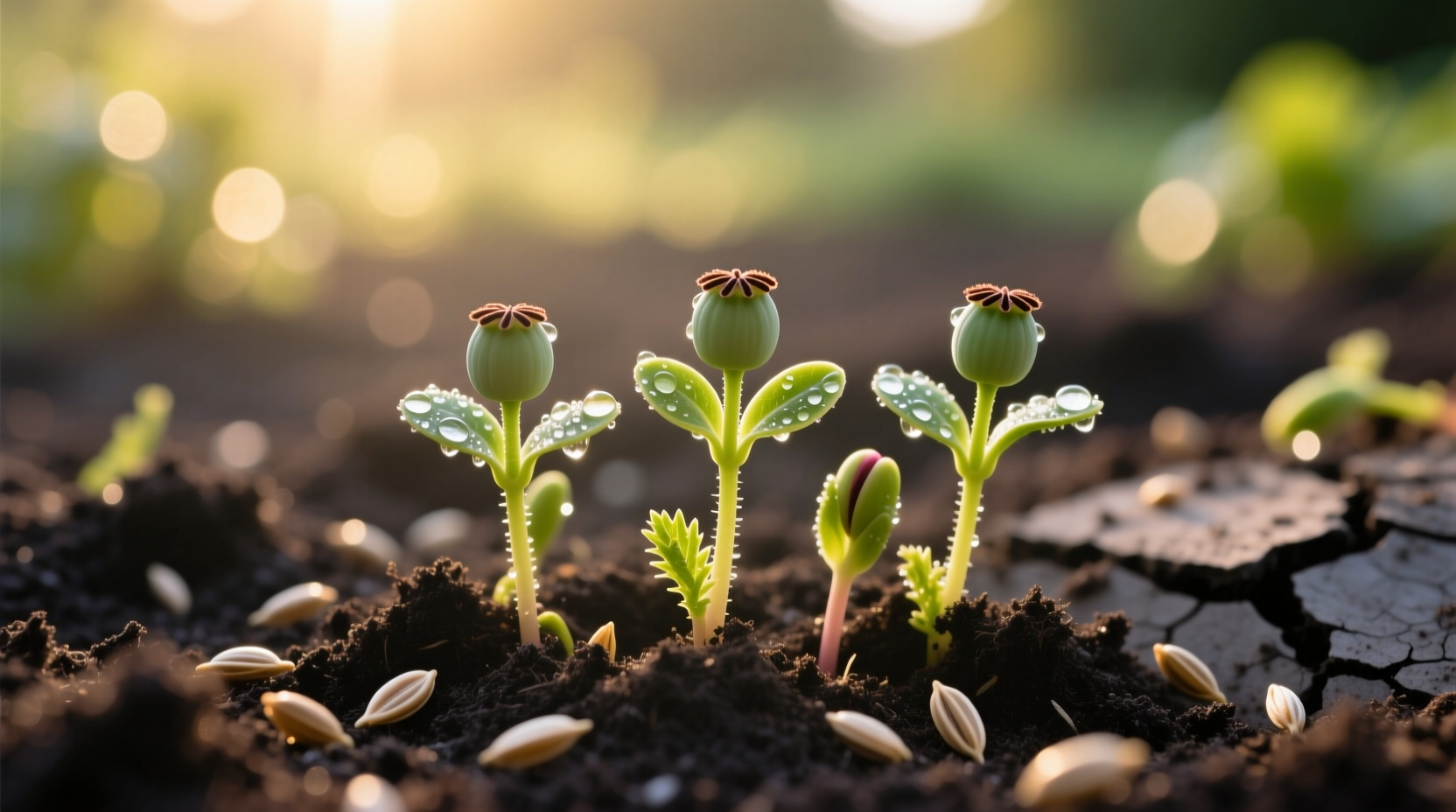 Poppy seedlings emerging from garden soil