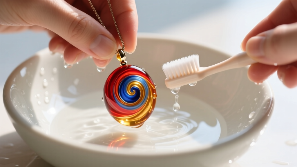 Hands washing a lampwork glass pendants necklace in a shallow ceramic bowl with mild soapy water and a soft baby toothbrush.