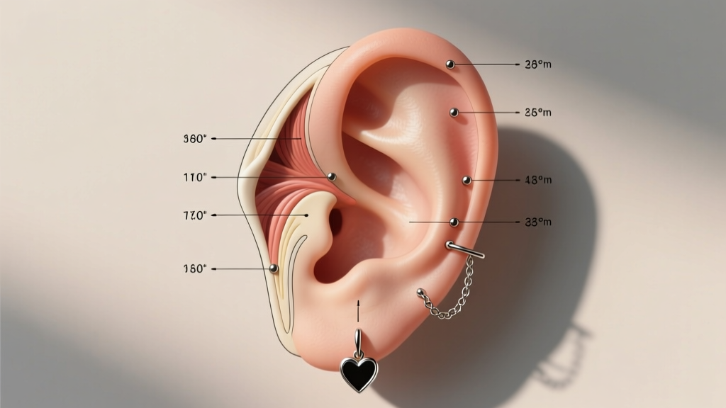 Diagram of ear anatomy mapping piercing gauges and distances for styling chain heart earrings across the upper ear cartilage.