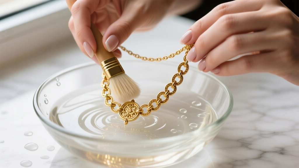 Hands gently scrubbing a gold Byzantine necklace link-by-link with a soft-bristled brush and mild soapy water in a glass bowl
