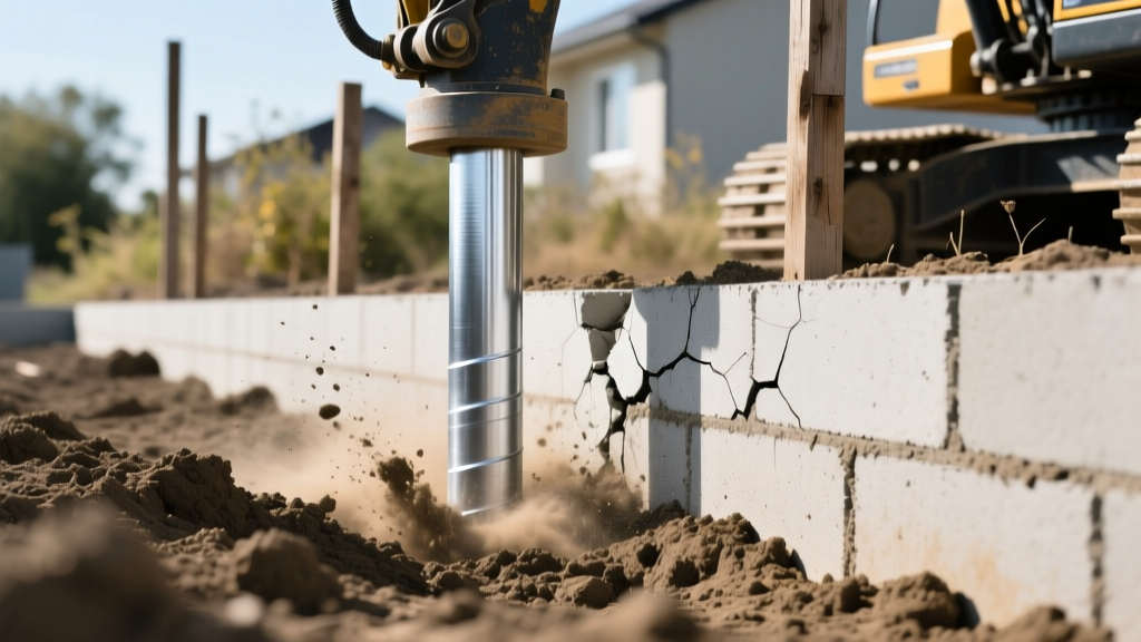 Hydraulic equipment driving galvanized steel push piers into clay soil beside a settling residential concrete block foundation wall