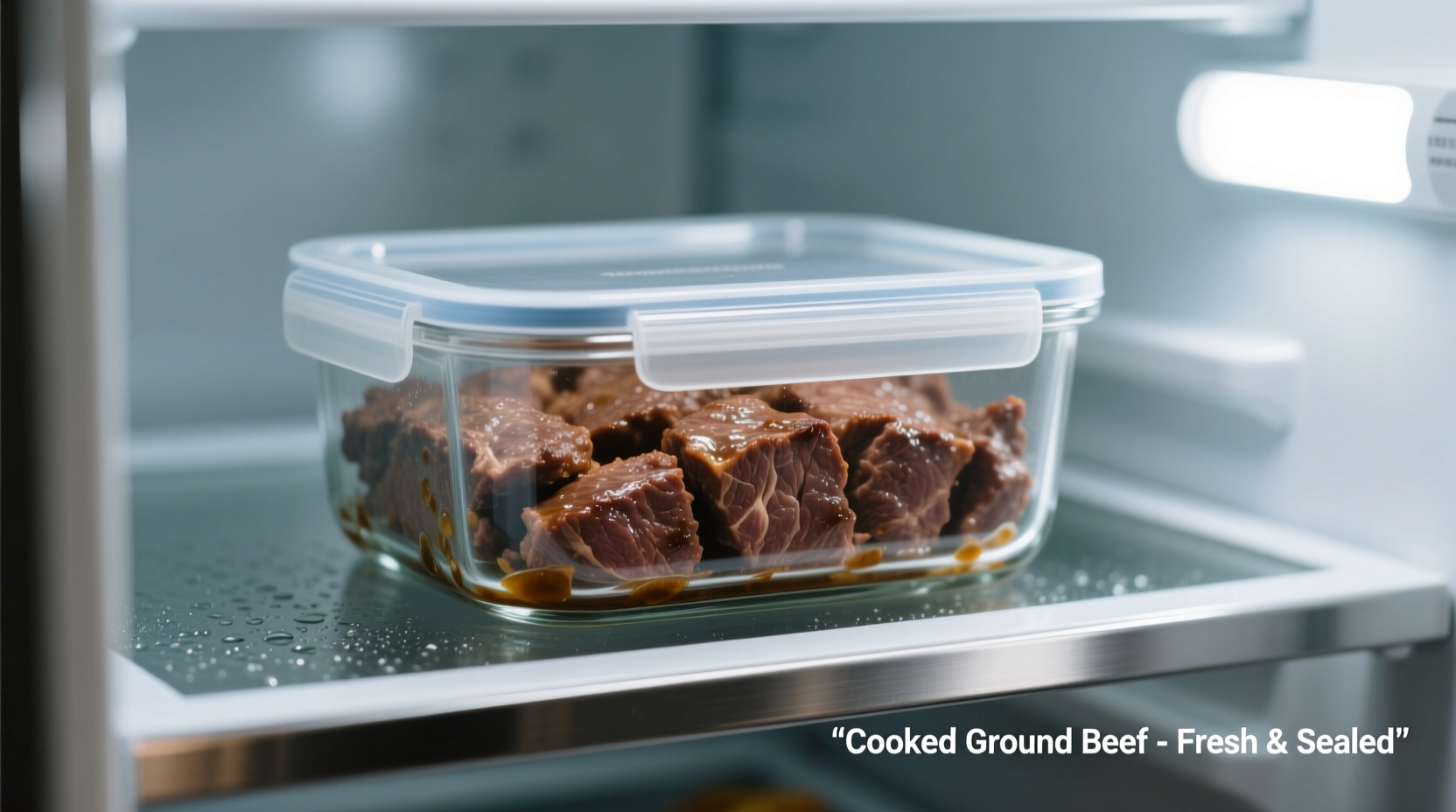 Cooked ground beef in airtight glass container in refrigerator