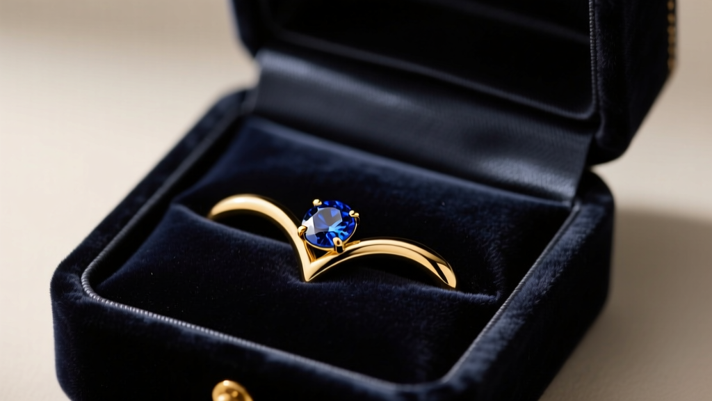 Dark velvet gift box open revealing a 14k gold VCH curved barbell with a sapphire gemstone resting inside under soft lighting