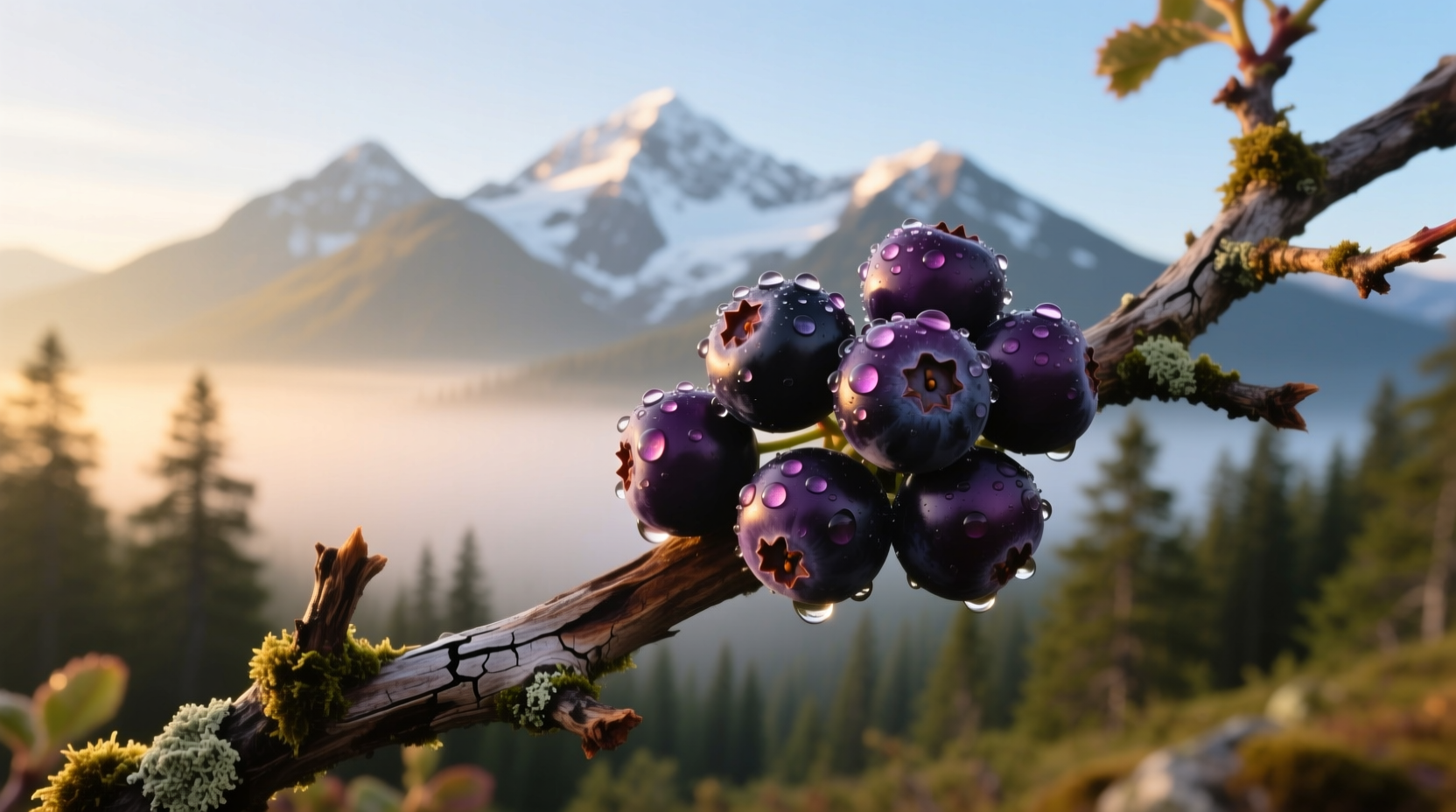 Fresh huckleberries on branch with mountain backdrop