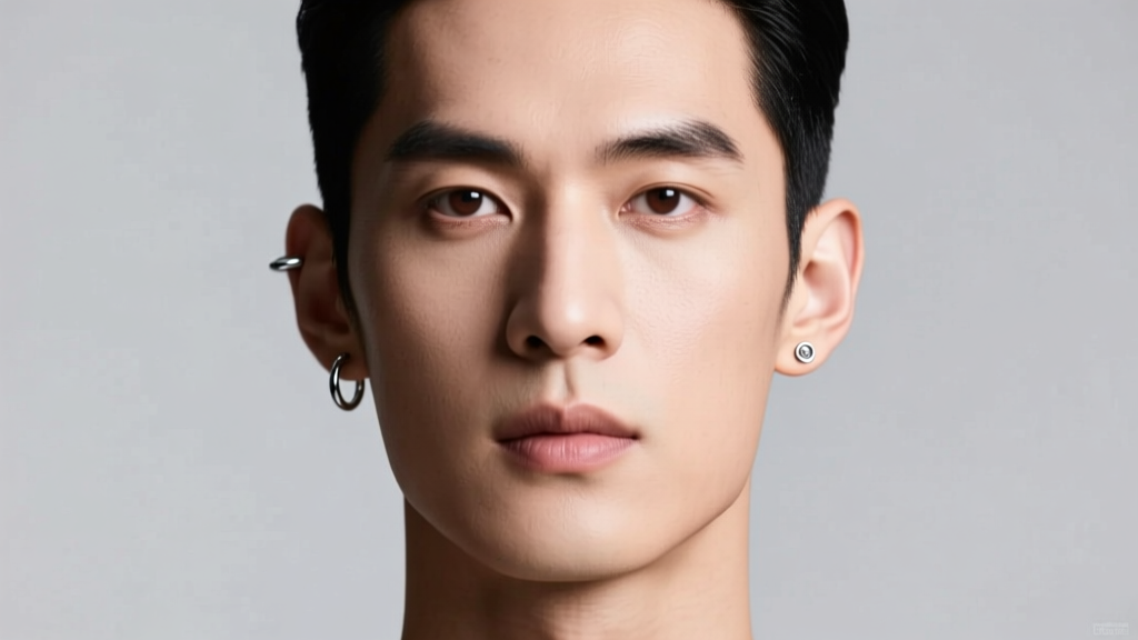 Masculine model with both ears pierced, wearing minimalist titanium lobe studs and a subtle helix hoop, soft studio lighting