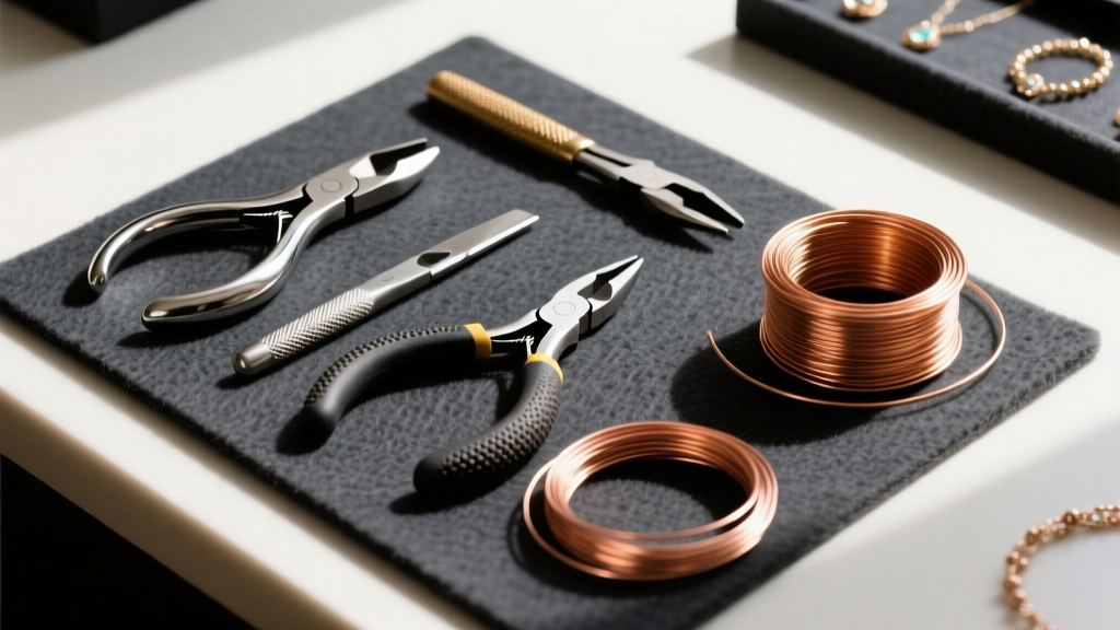 Top-down view of a jewelry workbench with flush cutters, round-nose pliers, and copper wire coils resting on a dark felt pad.