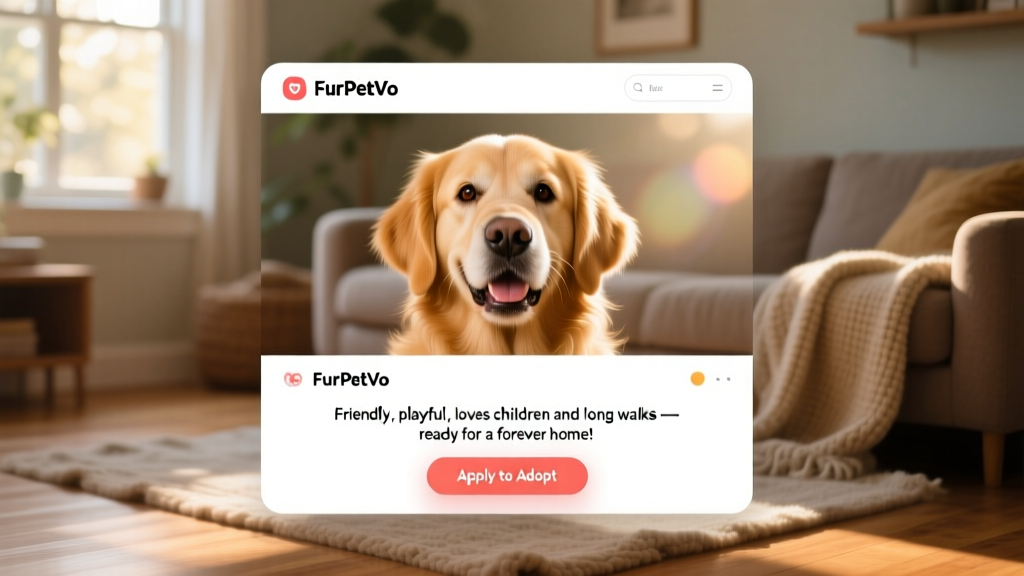 Screenshot-style mockup showing a FurPetVo profile page with a Golden Retriever photo, bio section, and 'Apply to Adopt' button