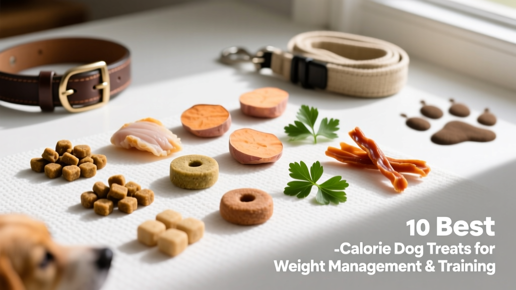 A variety of low-calorie dog treats arranged on a clean white surface—small bites, soft chews, and jerky strips—showcasing texture and portion size