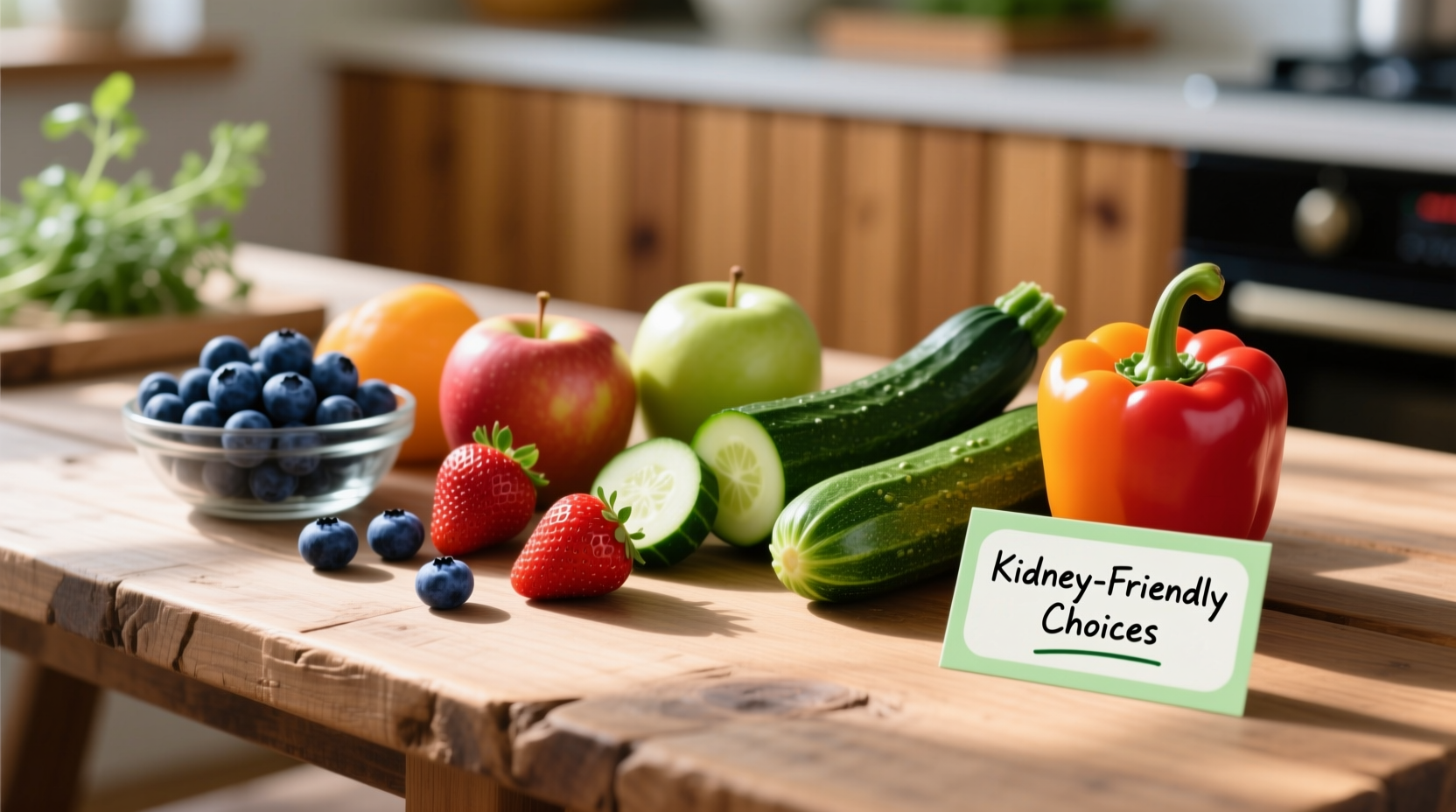 Colorful kidney-friendly foods on wooden table