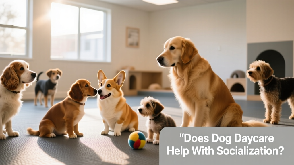 A calm, supervised group of dogs playing gently in a bright, clean indoor play area