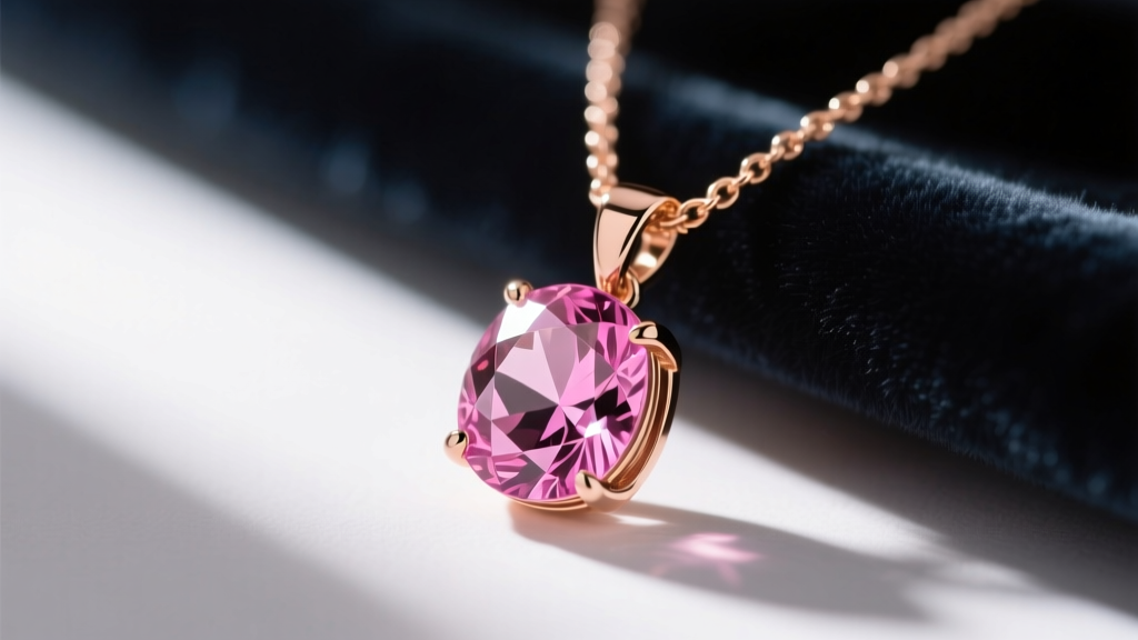 Close-up of a rose gold necklace with pink morganite pendant, displaying faceted light reflections on dark velvet.