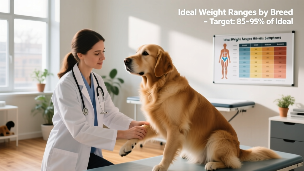 A veterinarian gently palpating a dog’s hind leg during a wellness exam, with a chart showing ideal weight ranges for common breeds visible in the background