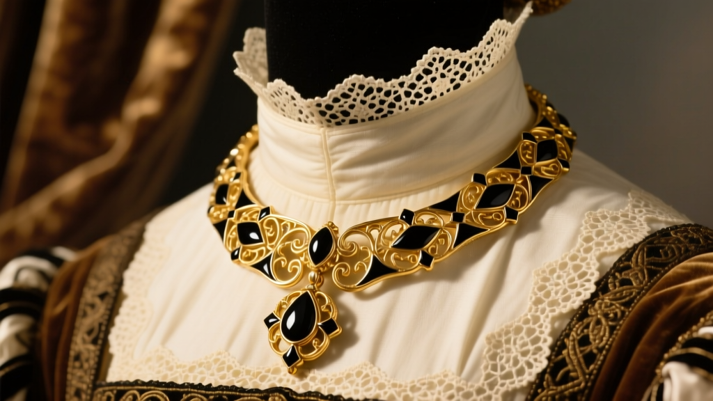 Renaissance revival vintage poison necklace in 14k gold with black enamel accents on antique lace under warm directional light