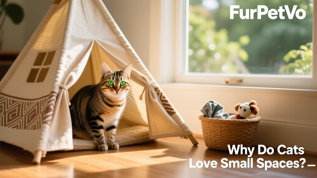 A tabby cat peeking out from inside a FurPetVo fabric tepee placed beside a sunny window