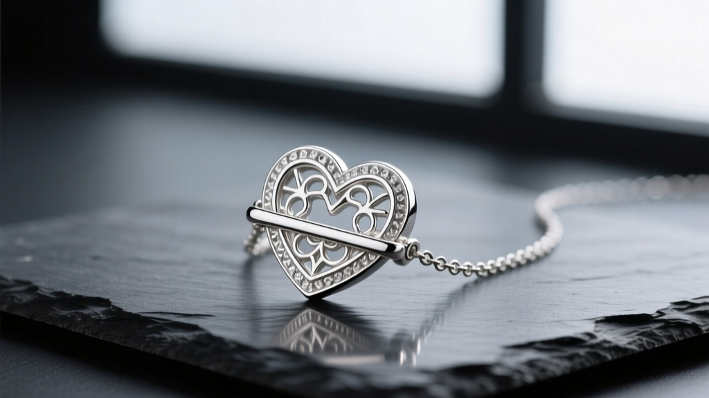 Sterling silver heart toggle necklace on dark slate, showing high-polish rhodium-plated finish and intricate metalwork details.