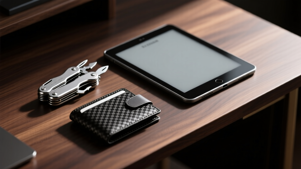 Flat lay of titanium multi-tool, carbon fiber wallet, and e-ink tablet on dark walnut desk with dramatic side lighting
